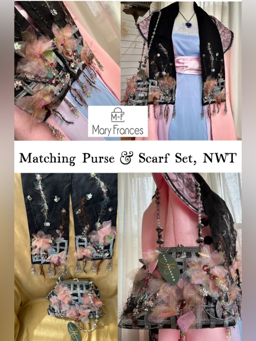 Mary Frances Silk Beaded Shoulder Bag w/ Matching Scarf & Dust Bag, Vintage NWT